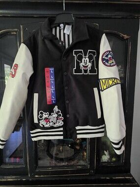 Black and White Mickey Patch Varsity Bomber Jacket